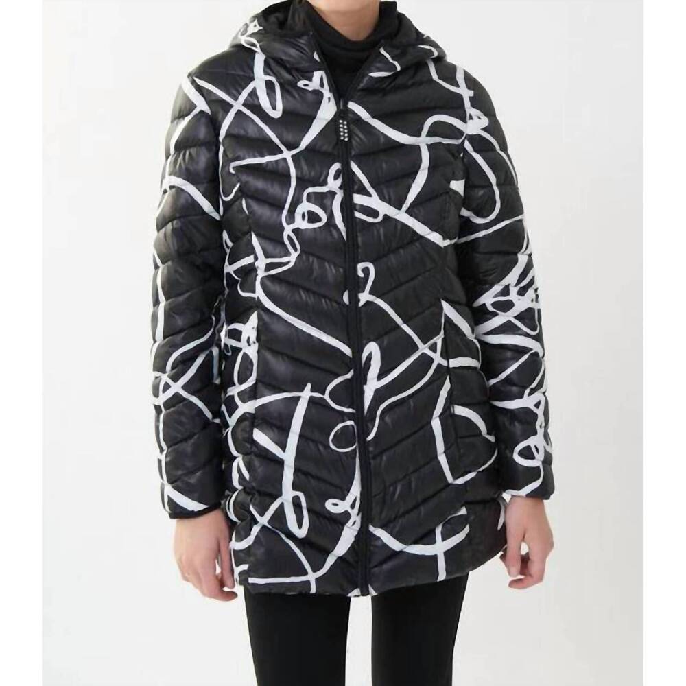 NEW JOSEPH RIBKOFF amber abstract puffer jacket in black and vanilla